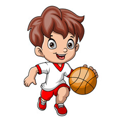 Cute little boy cartoon playing basketball