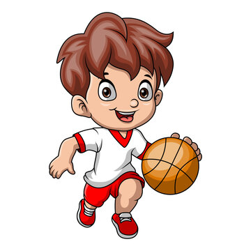 Cute little boy cartoon playing basketball