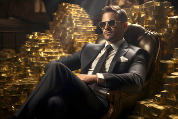Rich businessman in the office with many gold bars. financial success of business tycoons - obrazy, fototapety, plakaty