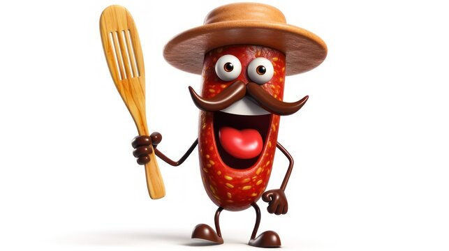 Sausage mascot cartoon character wearing a hat and holding a spatula and fork utensil for cooking	
