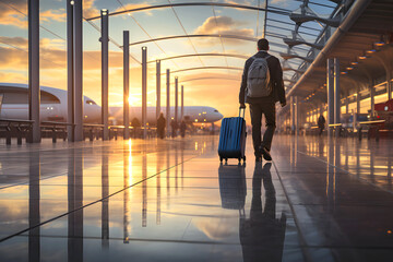 silhouette of business traveler man with luggage bag in the station hall