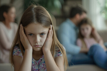 Stressed and unhappy young girl huddle in corner, cover her ears blocking sound of her parent arguing in background. Domestic violence concept