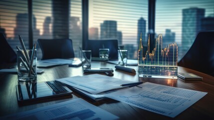 View of a work meeting table in an office room with presentation papers and pens in a glass cup, with a city view in the background from the window.