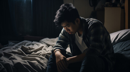 China's handsome Chinese boy sat on the edge of the bed, sobbing and covering his face