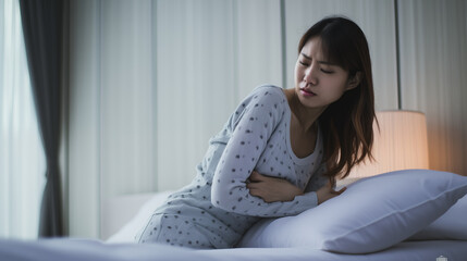 a moment of a young Asian woman sitting on a bed, holding her lower back and suffering from chronic back pain