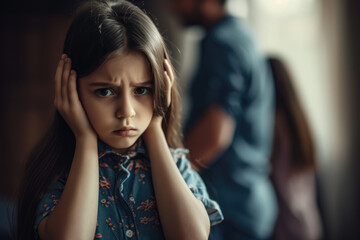 Stressed and unhappy young girl huddle in corner, cover her ears blocking sound of her parent arguing in background. Domestic violence concept - obrazy, fototapety, plakaty
