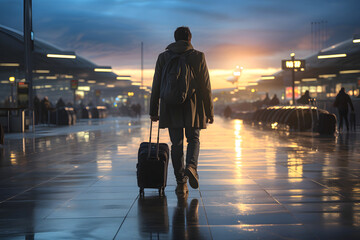 silhouette of business traveler man with luggage bag in the station hall