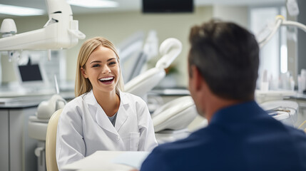 Obraz premium The friendly atmosphere of dental care, a female smiling dentist conversing with a male client in a hospital