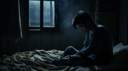 a depressed young Asian man sitting in bed, unable to sleep from insomnia - obrazy, fototapety, plakaty