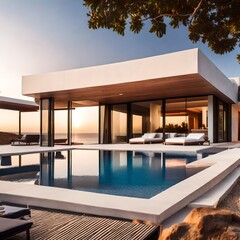 create a picture of a very modern villa with pool made from concrete and natural wood in Ibiza with a very realistic suset in the back