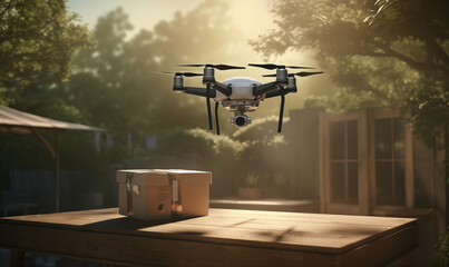 a fictional drone with a camera making an automated delivery by air, leaving a brown package for the customer
