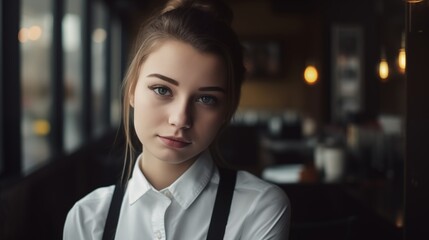 Portrait of young waitress in cafe/restaurant. 