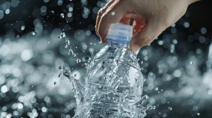 Fototapeta premium a person hand opening a plastic bottle of water. water splashes. abstract wallpaper background