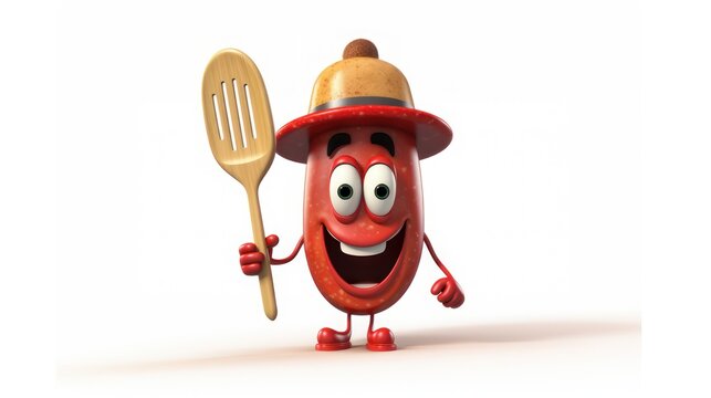 Sausage mascot cartoon character wearing a hat and holding a spatula and fork utensil for cooking	
