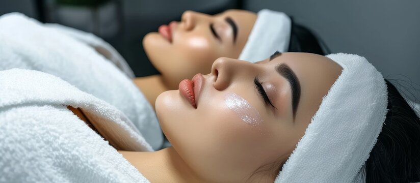 Comparing two photos of a client with a beautiful face lying on a special coach wearing a headbandage for lash treatments, they have black hair and enjoy beauty procedures at a salon.
