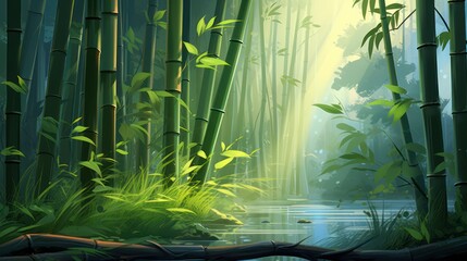 Green bamboo plant in tropical rainforest of Asia, with green leaves growing abundantly. Nature oriental background wallpaper.