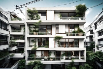 japanese residential structure, white concrete, transluscent facade, wood accents, greenery on balconies, private courtyard space, cinematic kodak --style 55FeBNRlSeCOvVk - obrazy, fototapety, plakaty