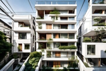 japanese residential structure, white concrete, transluscent facade, wood accents, greenery on balconies, private courtyard space, shifted floors, cinematic kodak - obrazy, fototapety, plakaty