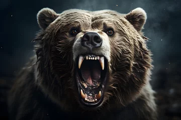 Fotobehang portrait of a menacing brown bear with an open mouth. wildlife and animals © photosaint