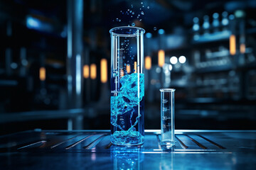 Chemical reaction of blue liquid in raduated cylinder in labolatory - obrazy, fototapety, plakaty