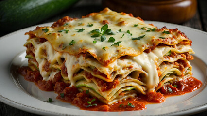 zucchini lasagna in intricate detail, highlighting the layers of thinly sliced zucchini, rich tomato sauce, creamy béchamel, and melted cheese in traditional plate presentation