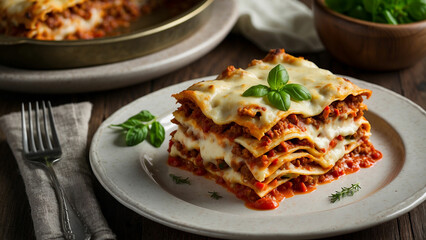 zucchini lasagna in intricate detail, highlighting the layers of thinly sliced zucchini, rich tomato sauce, creamy béchamel, and melted cheese in traditional plate presentation