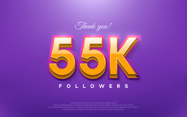 Thank you 55k followers, 3d design with orange on blue background.
