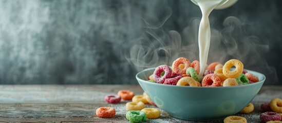 Milk being poured into a bowl of colorful cereal rings on a wooden table next to a gray grunge wall. - obrazy, fototapety, plakaty
