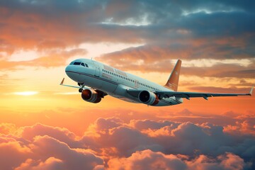 Fototapeta na wymiar commercial airplane jetliner flying above dramatic clouds in beautiful sunset light. travel concept.