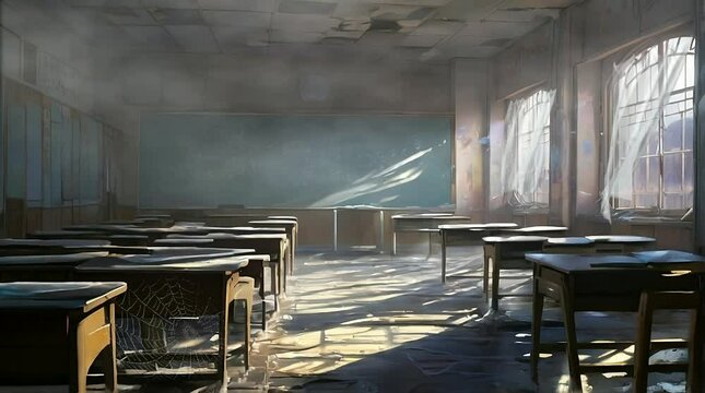 The scene of the abandoned classroom is dark and foggy with the wind blowing against the curtains. Looping video backgrounds for horror themes and survival games