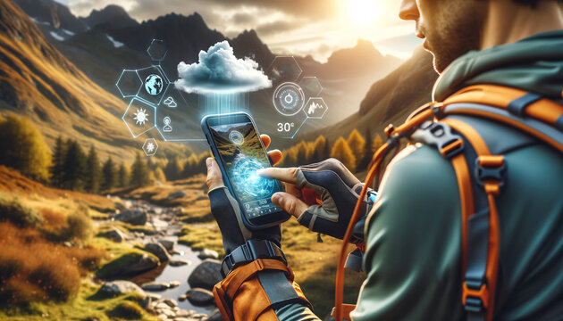 Backpacker using a smartphone with hologram cloud to check weather and trail conditions, enhancing hiking safety and planning. AI Generated