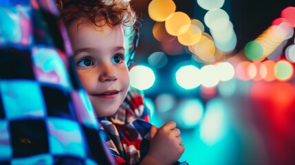 Closeup of a childs face illuminated by the colorful lights and flashing cars as they hold their...