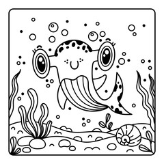 Baby hammerhead shark, coloring book for kids. Cute friendly fish smiling. A predatory underwater animal on the seabed among seaweed, shells, bubbles. Page for relax, study. Black outline on white