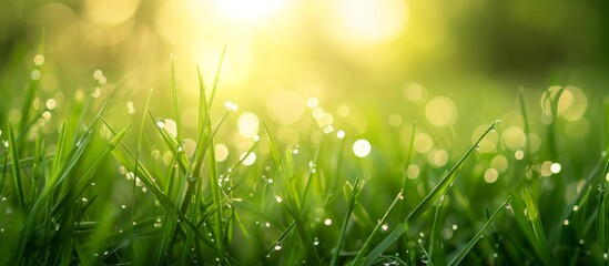 Morning dew gleams on fresh green grass amidst the sun's bokeh in early spring.