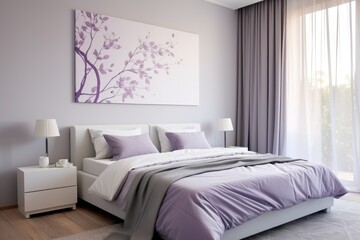 Minimalist bedroom with purple accents and decorative painting
