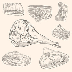 Meat and Sausage Hand Drawn Doodle Vector Illustrations Set. Jamon Leg, Bacon and Salami Sketch Style Drawings Collection. Isolated