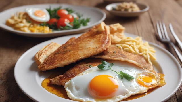 close up of a plate of food on the table, there is real fish and fried egg in one plate by Sasha Putraya, [4k Photorealism]!!, fish made from pancakes, aji de gallina, 8k very detailed.