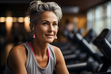 Fototapeta na wymiar portrait of an active elderly woman in a fitness room while doing sports