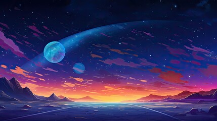 Beautiful Cosmic Scene, Crescent Moon in Sky Galaxy with Planets in the Background, Alien Planet in Space Starry Sky Color Palette, Simple Background