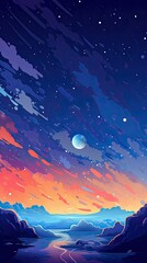 Beautiful Cosmic Scene, Crescent Moon in Sky Galaxy with Planets in the Background, Alien Planet in Space Starry Sky Color Palette, Simple Background