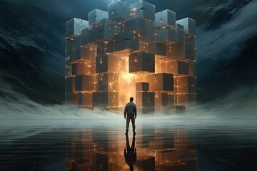 3D Cube Block with Floating, Human Standing front of cube Luminous Glowing, Reflecting, or Projecting Scene, Inception, Optical Illusion, Cinematic, Night City Background