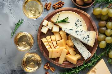 various types of cheeses and a glass of white wine