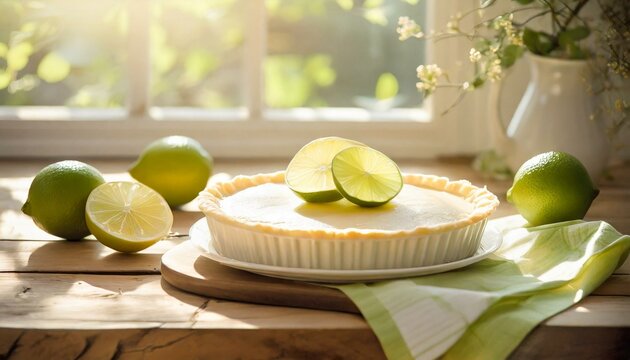 Torta de lim&atilde;o. Cozinha branca. Mesa de madeira r&uacute;stica. Guardanapos verdes claros com branco. Lim&otilde;es cortados na composi&ccedil;&atilde;o. Janela. Luz forte entrando pela janela.