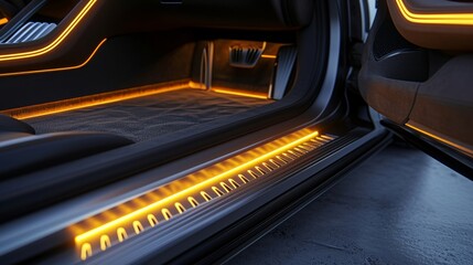 A focused shot of a car door being od displaying the premium door sill with crystalclear LED lights in yellow adding a touch of luxury and sophistication to the vehicles interior - obrazy, fototapety, plakaty