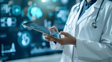 Specialist doctor checking Electronic Medical Record system for mornitoring vital sign, analyzing digital patient's personal health history and information on digital tablet