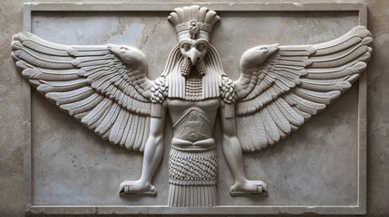 A winged serpent with a regal crown and a benevolent gaze representing the seraphim in Babylonian mythology.