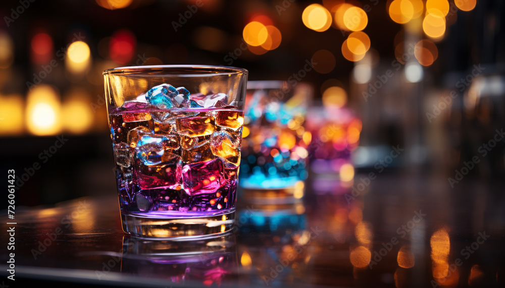 Poster a luxurious bar counter illuminated with multi colored lights generated by ai