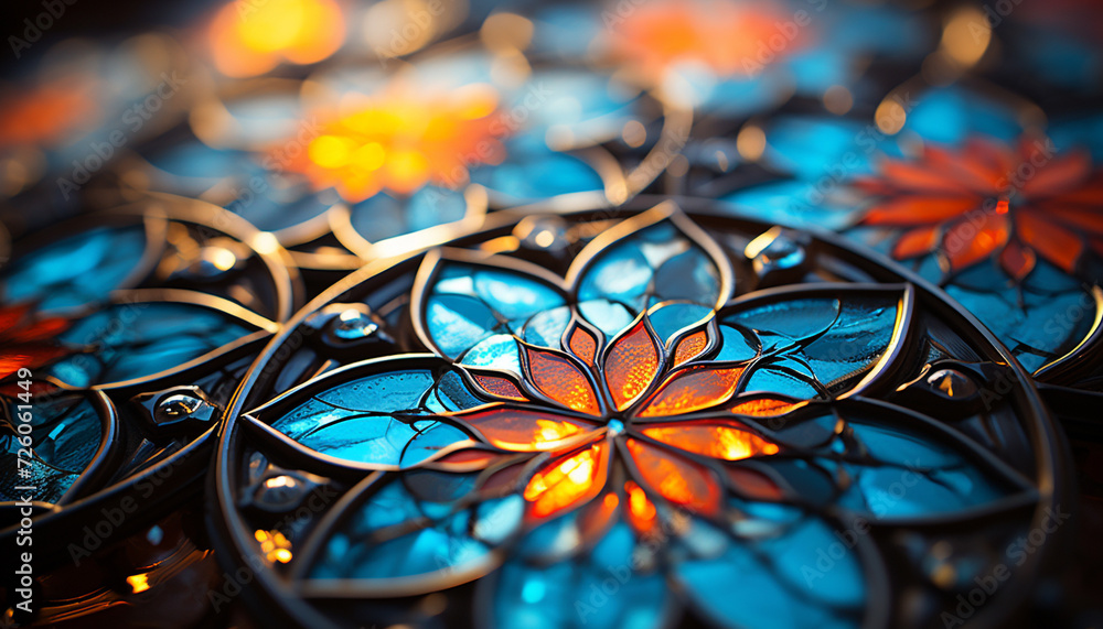 Poster abstract stained glass window with vibrant colors and intricate design generated by ai