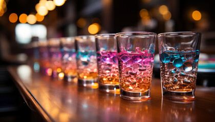 Nightclub celebration refreshing cocktails, whiskey poured, glass illuminated, bar counter decorated generated by AI