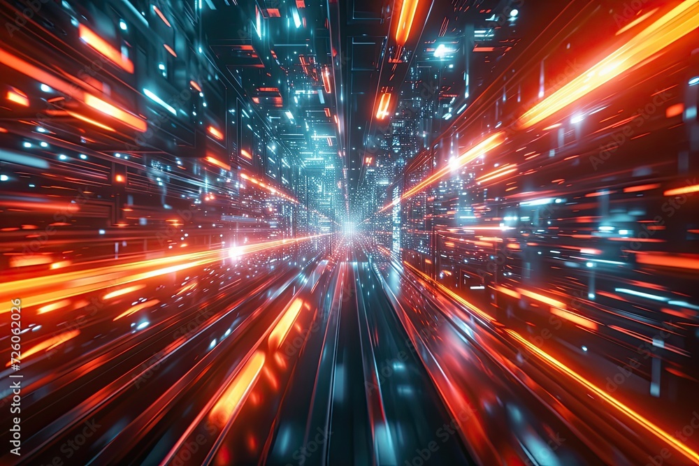 Poster glowing colorful of neon light or laser moving high speed data network technology